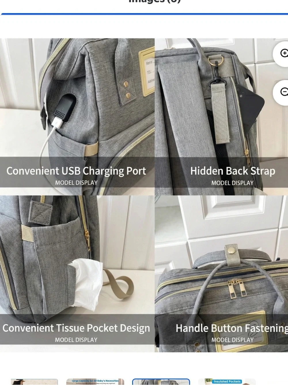 Modern Grey Oxford Diaper Bag with Blush Trim